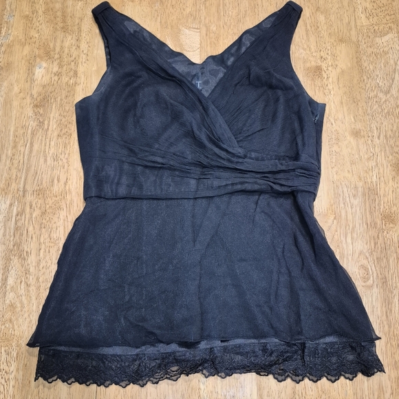 EUC Tahari Silk Black Lace-Trim Sleeveless Blouse Top Shirt - Picture 1 of 8
